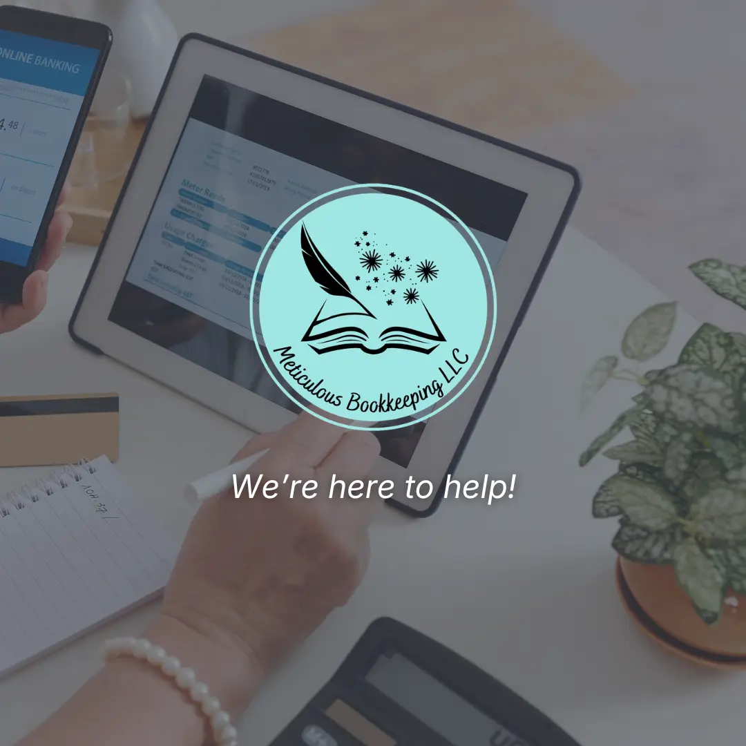 Meticulous bookkeeping logo with teal circle and black outline of book overlayed over background of woman working at a computer, representing Colorado Springs small business bookkeeping