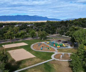 Certified bookkeeper in Fountain, CO represented by an aerial view of a park and playground in the city of Fountain.